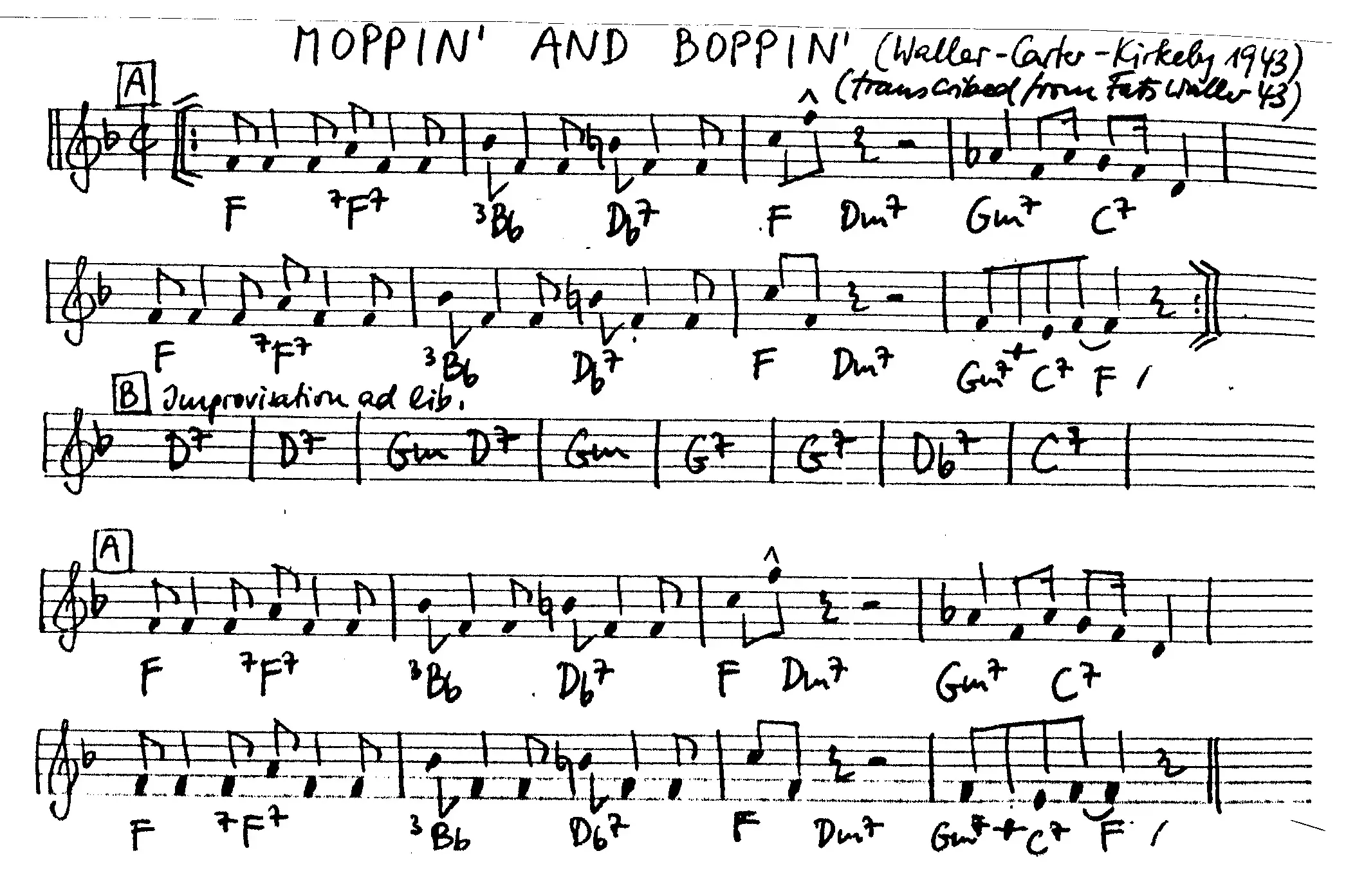 moppin' and boppin' free jazz leadsheet - Courtesy of the Jungle Jazz Band